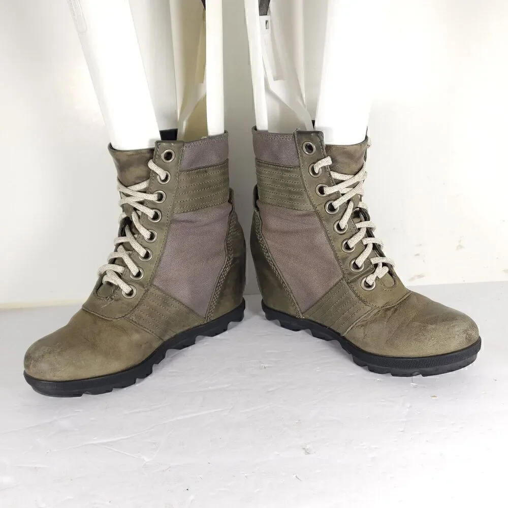 Sorel Womens Lexie US7 Gray Distressed Leather Canvas Lace Up Wedge Ankle Boots